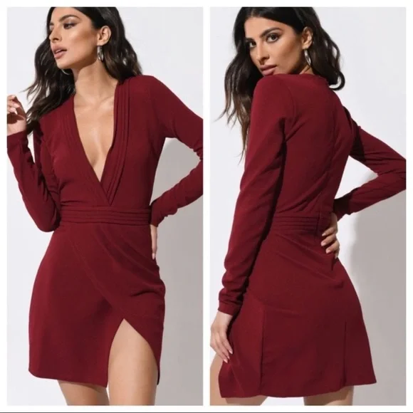 TOBI XS DRESS NWT AVA WINE bodycon deep v front split burgundy long sleeve - Picture 4 of 14